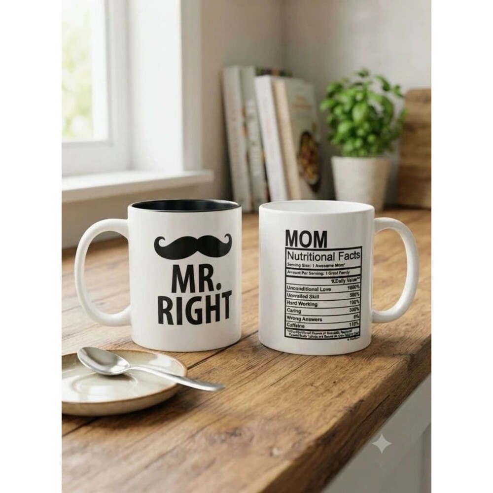 2-Piece Novelty Coffee Mug Set - "Mr. Right" Mustache Mug & "Mom Nutritional Fac